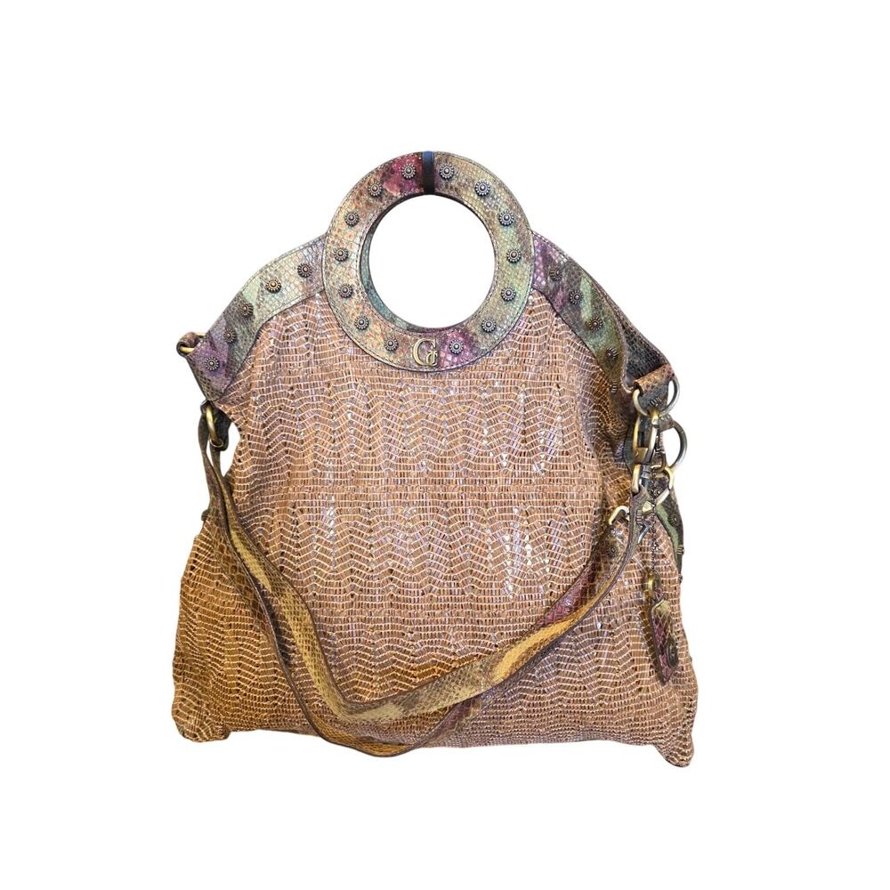 VTG Y2K Guess "Iman" Python Ring Handle Hobo Bag Metallic Mesh Patchwork Studded